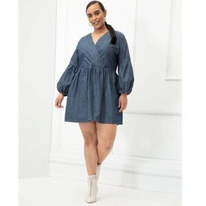 ELOQUII Denim Mini Dress Womens Size 26/28 Blue Chambray Babydoll Balloon Sleeve